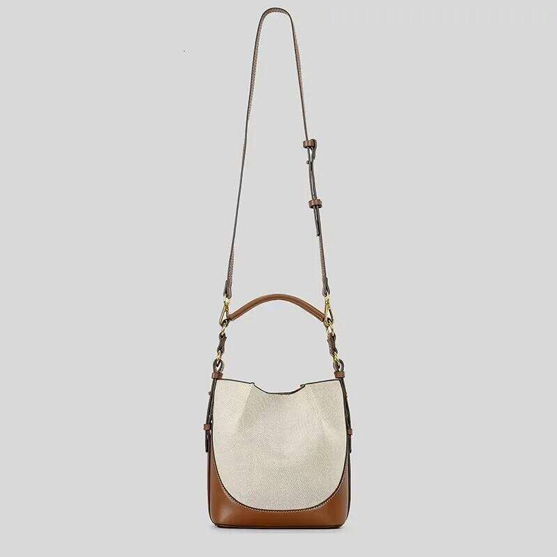 Fashion Panelled Canvas Bucket Bag Designer Women Handbags Pu Leather Shoulder Crossbody Bags With Wide Strap Tote Purses