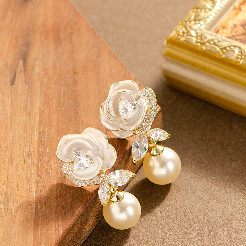 S Sier Needle French Elegant Temperament Glazed Camellia Zircon Pearl Earrings High-end Fashion Versatile Ear Jewelry
