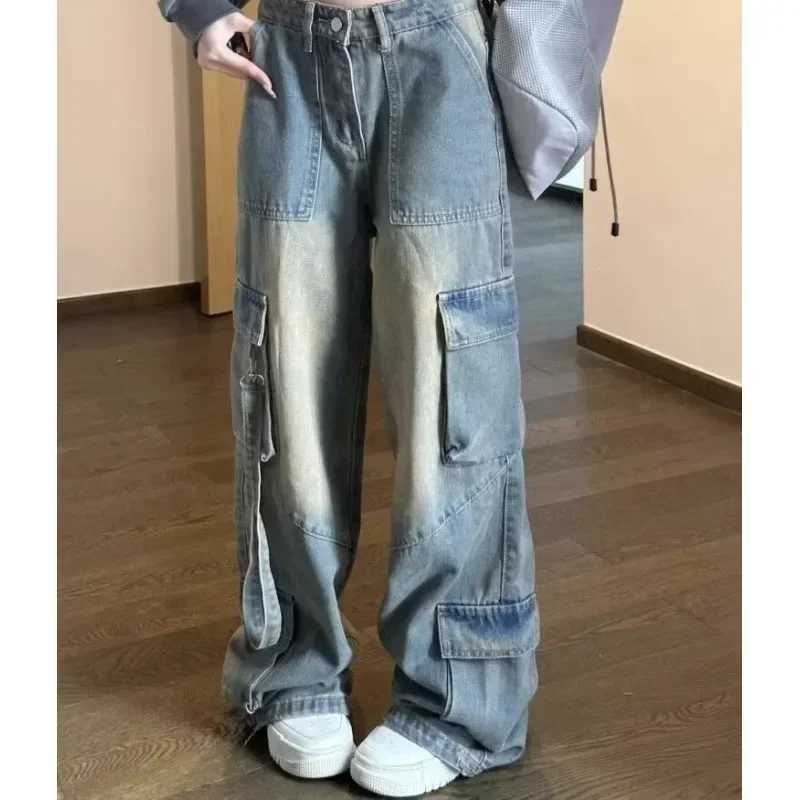 Female Jeans with Spliced Pockets Cargo Pants Washed Denim High Waist Full Length Loose Solid Basics Patchwork Distressed Jeans R250716