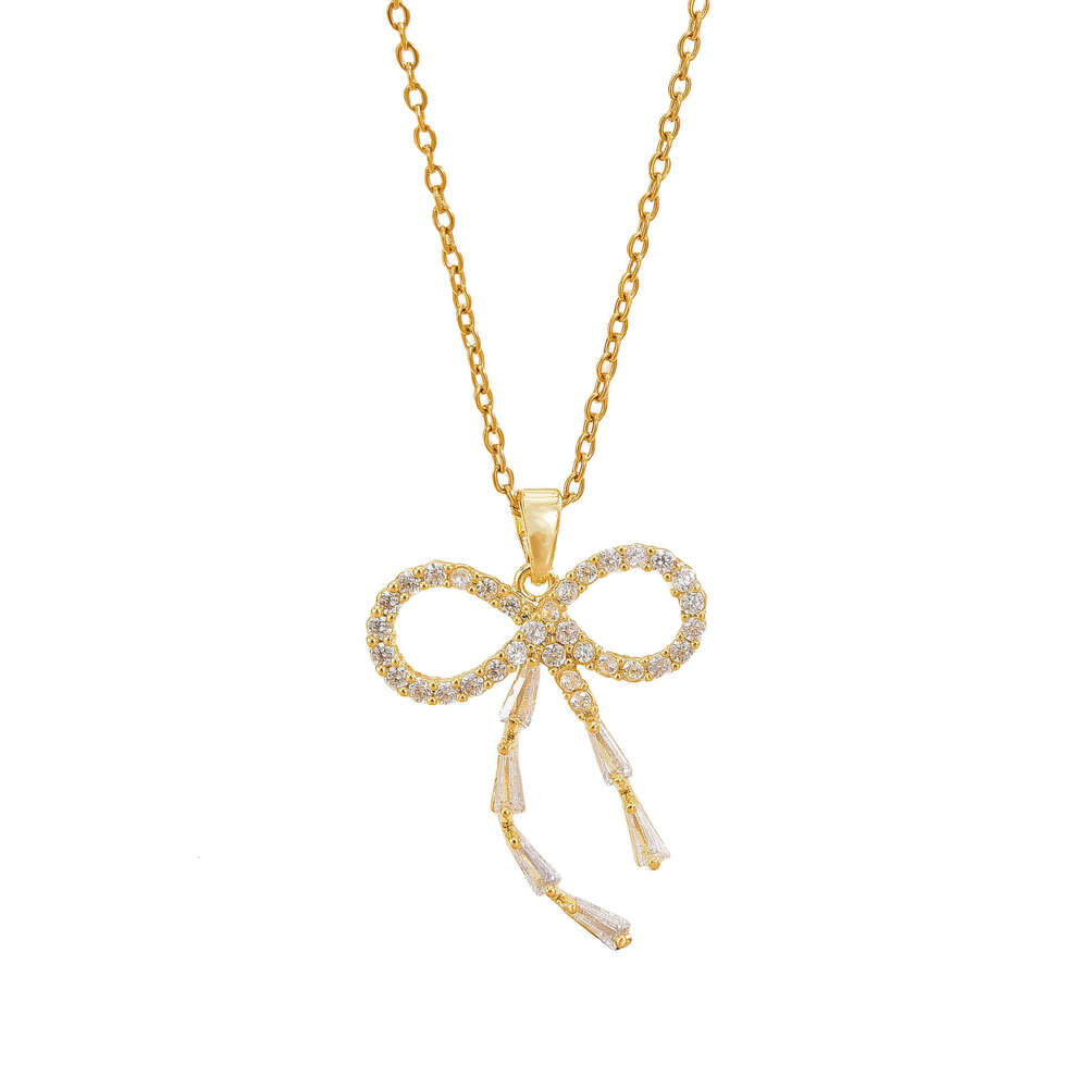 Fashion Jewelry New Full Dia Bow Necklace High-End Zircon Butterfly Pendant Design Sense Light Collarbone Chain Fd1