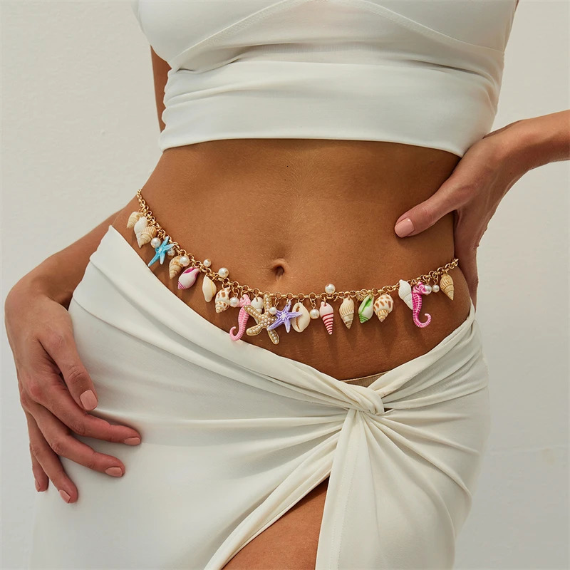 Boho Starfish Shell Pendant Waist Chain for Women Trendy Pearl Seahorse Beaded Waist Link Bikini Belly Chain Body Jewelry 250716
