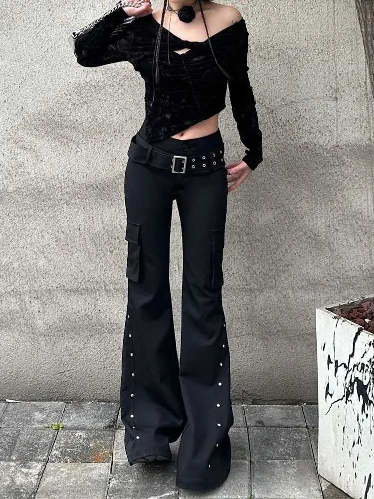 Retro New Pure Black Rivet Design Belt Decorative Slim Pants For Women Y2K Harajuku Goth Low-Waisted Flared Pants R250716