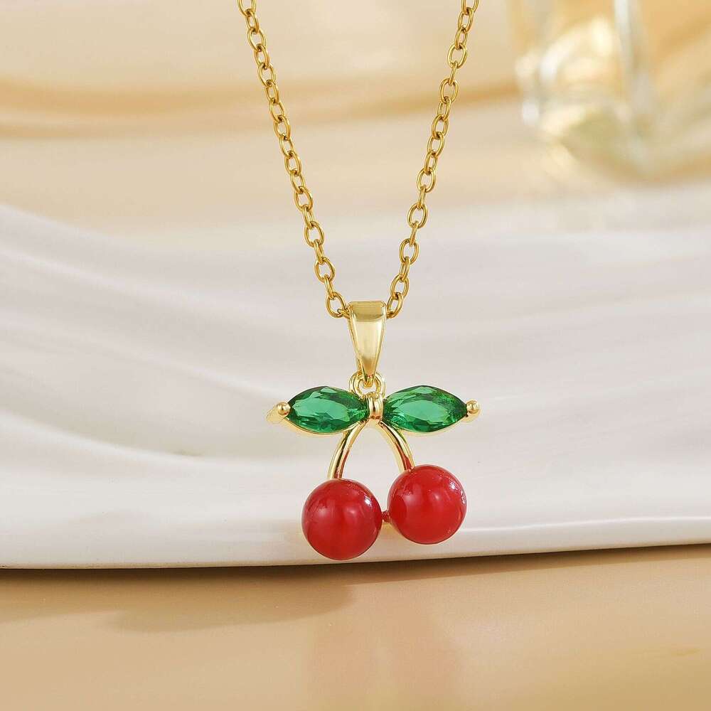 Korean And Japanese Style Trendy Red Cherry Pendant Necklace For Women 2025 Spring Light Niche Collarbone Chain Accessory 906
