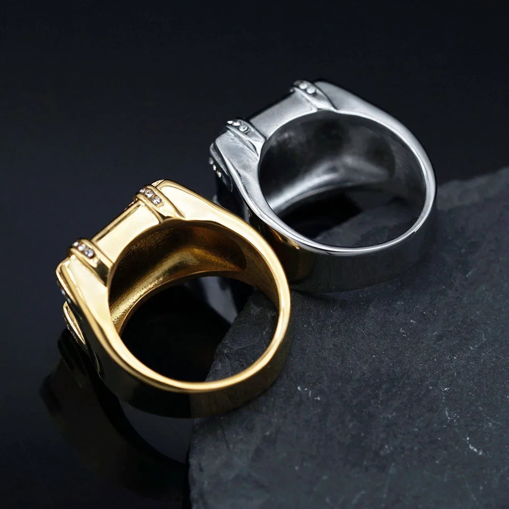 European And American Stainless Steel Gold-plated Full Diamond Square Hip Hop Mens Ring 250716