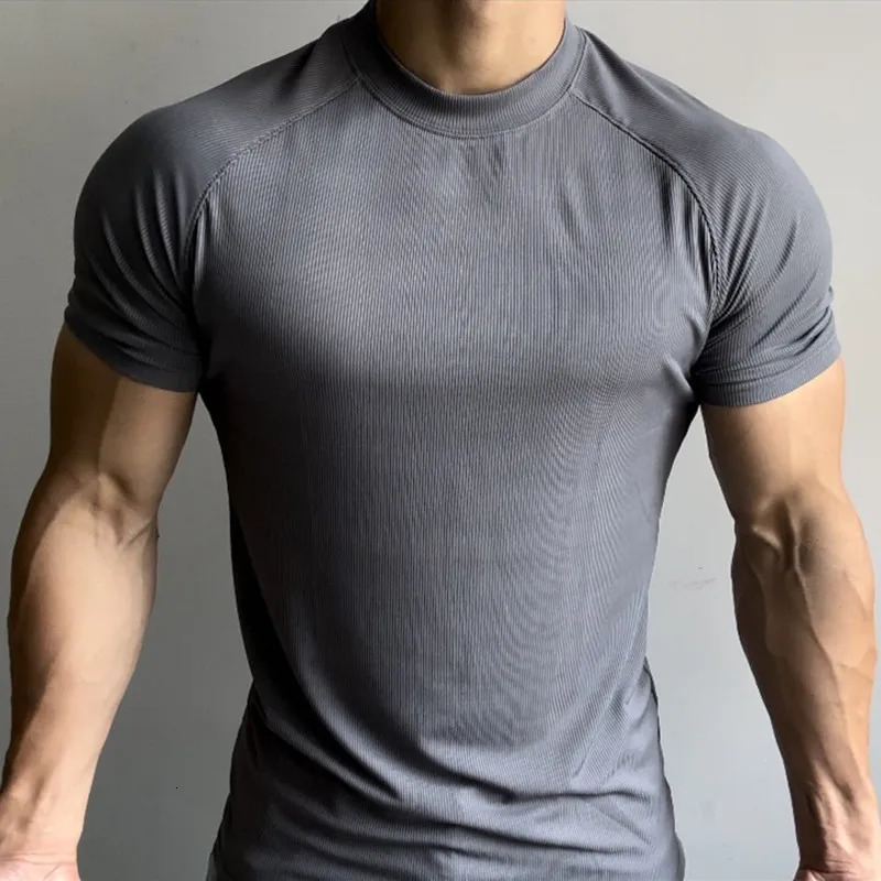 Summer Sports Outdoor Training Short-sleeved Men Slim Stretch Quick Dry Rotator Sleeve Small Neckline T-shirt Solid Color 250715