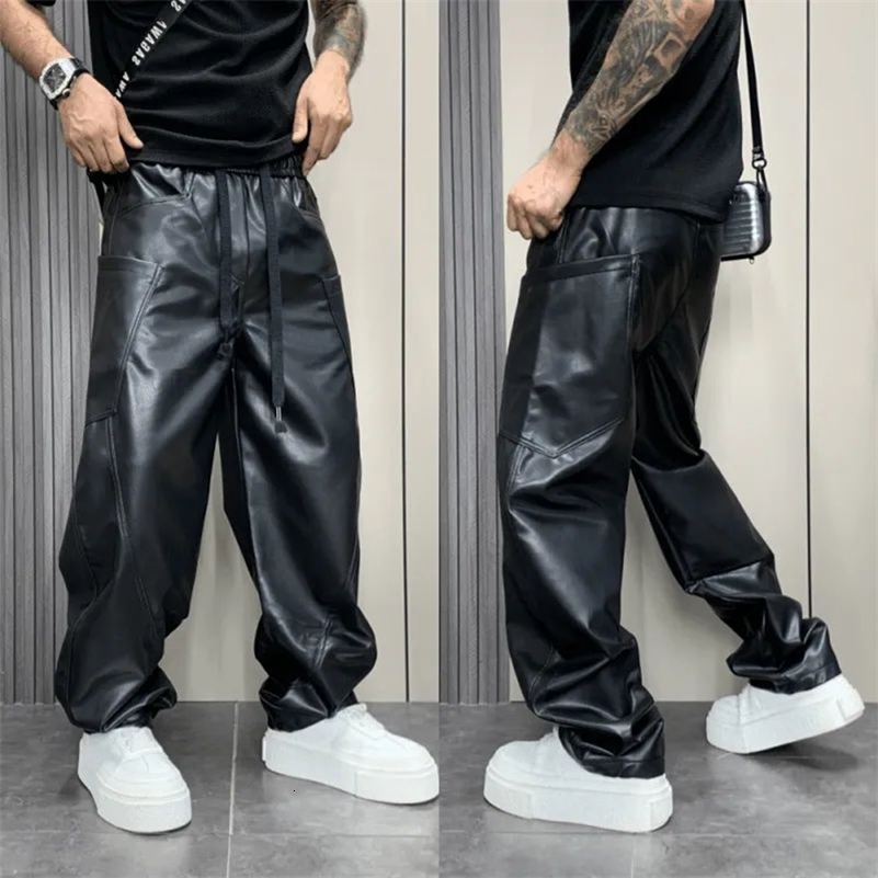 Mens Pu Leather Pants MultiPocket Streetwear American HipHop AllMatch Solid Color Simple Casual MenS Clothing y250704
