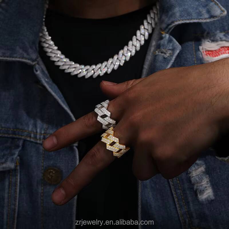 Fashion Mens Hip-Hop S925 Sterling Silver Gold Plated Rhombus Diamond Ring Fashion Micro-Inlaid Moissanite Ring for Men