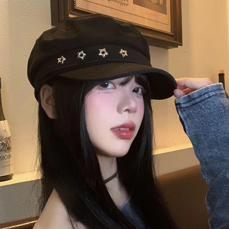 Star Hole Black Berets for Women Summer Autumn Outdoor Casual Sun Protection Versatile Personality Flat Top sboy Hats 250716