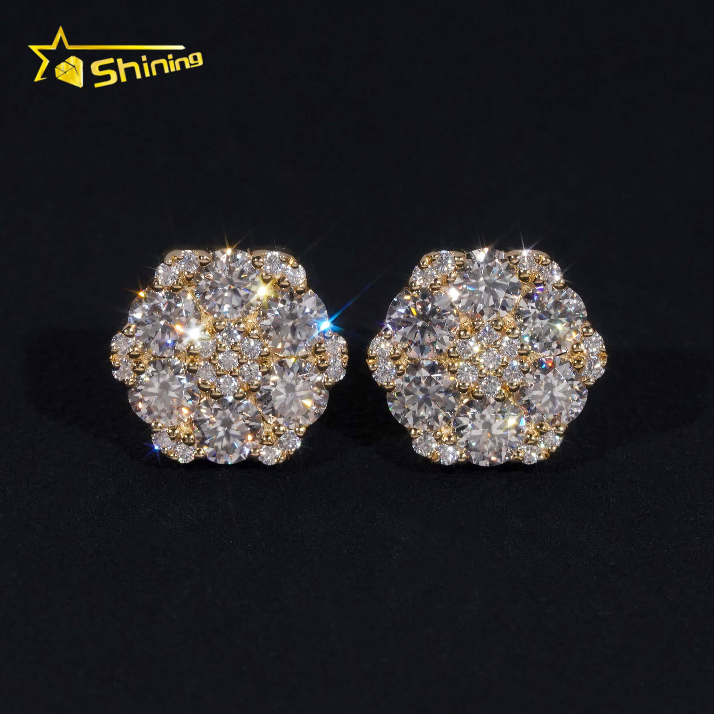 Fine Jewelry Flower Design Screw Back Ear Studs Iced Out 925 Sterling Silver Gold Plated Moissanite Stud Earrings Ready to Ship
