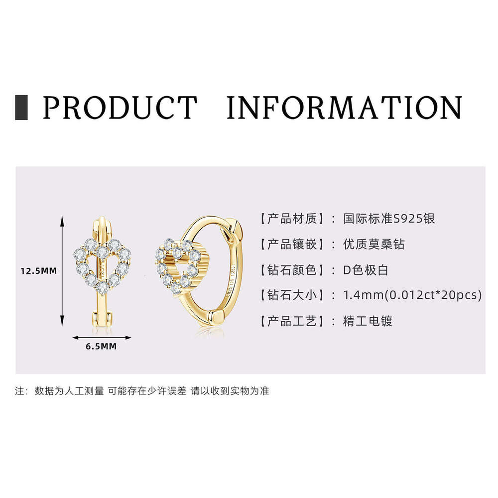 Moissanite Heart-Shaped Korean Style Fresh Hollow Heart Earrings Pure Sier Elegant Sweet Cute 370