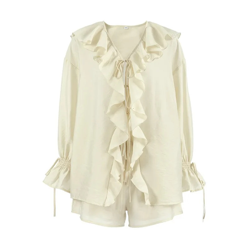 Summer Holiday Long Sleeve Ruffle Lace Up Chiffon Shorts Suit Women Casual V Neck Solid Loose Set 2025 Female Outfits 250714