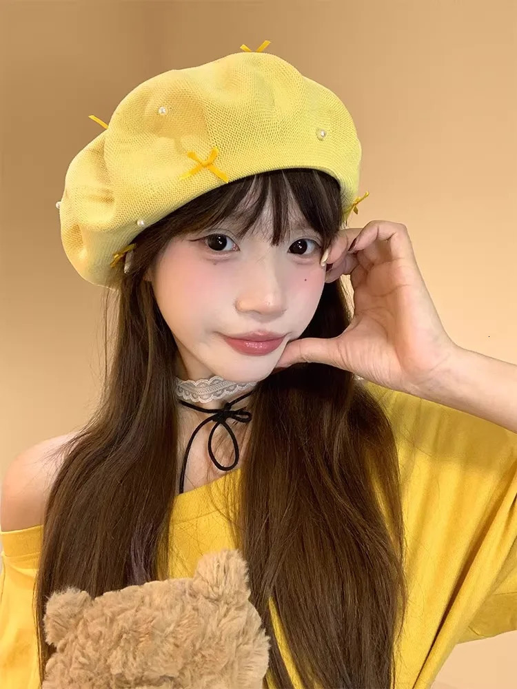 Korean sweet bow yellow beret womens summer thin cut hollow breathable face enhancing small artist hat sboy hat 250716
