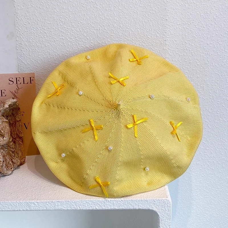 Korean sweet bow yellow beret womens summer thin cut hollow breathable face enhancing small artist hat sboy hat 250716