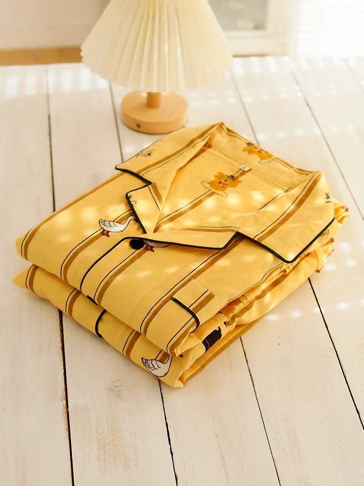 2025 Spring High-end Pure Cotton Gauze Couple Pajamas Cartoon Men Style Striped Breathable Comfortable Long Sleeve Pants Homewear W250717