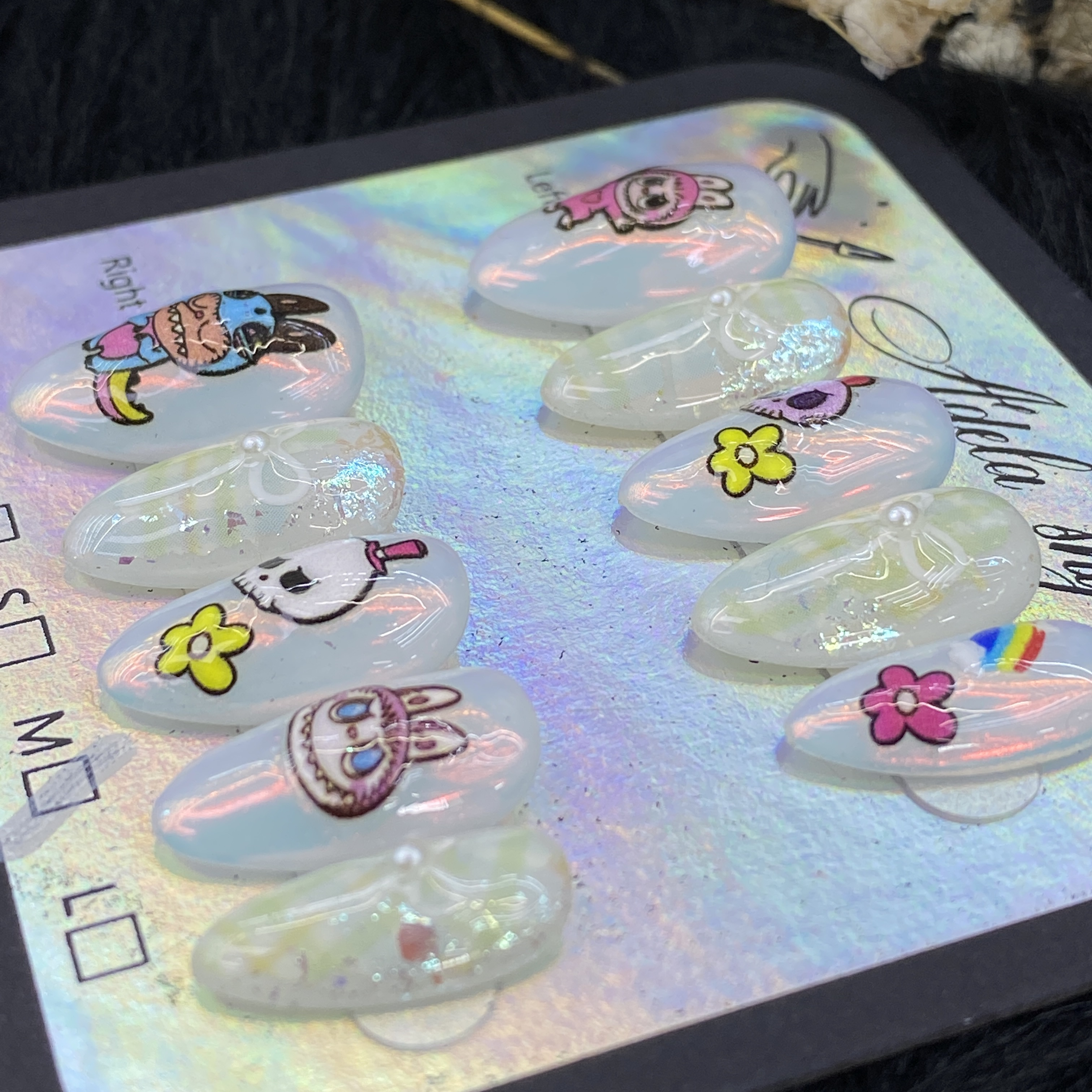 False Nails 10pcs Medium Almond Milky White Cute Cartoon Nail Art with Rabbit Panda Dog Skull Flower Rainbow Pearl Bow Full Cover Press On DIY Tips