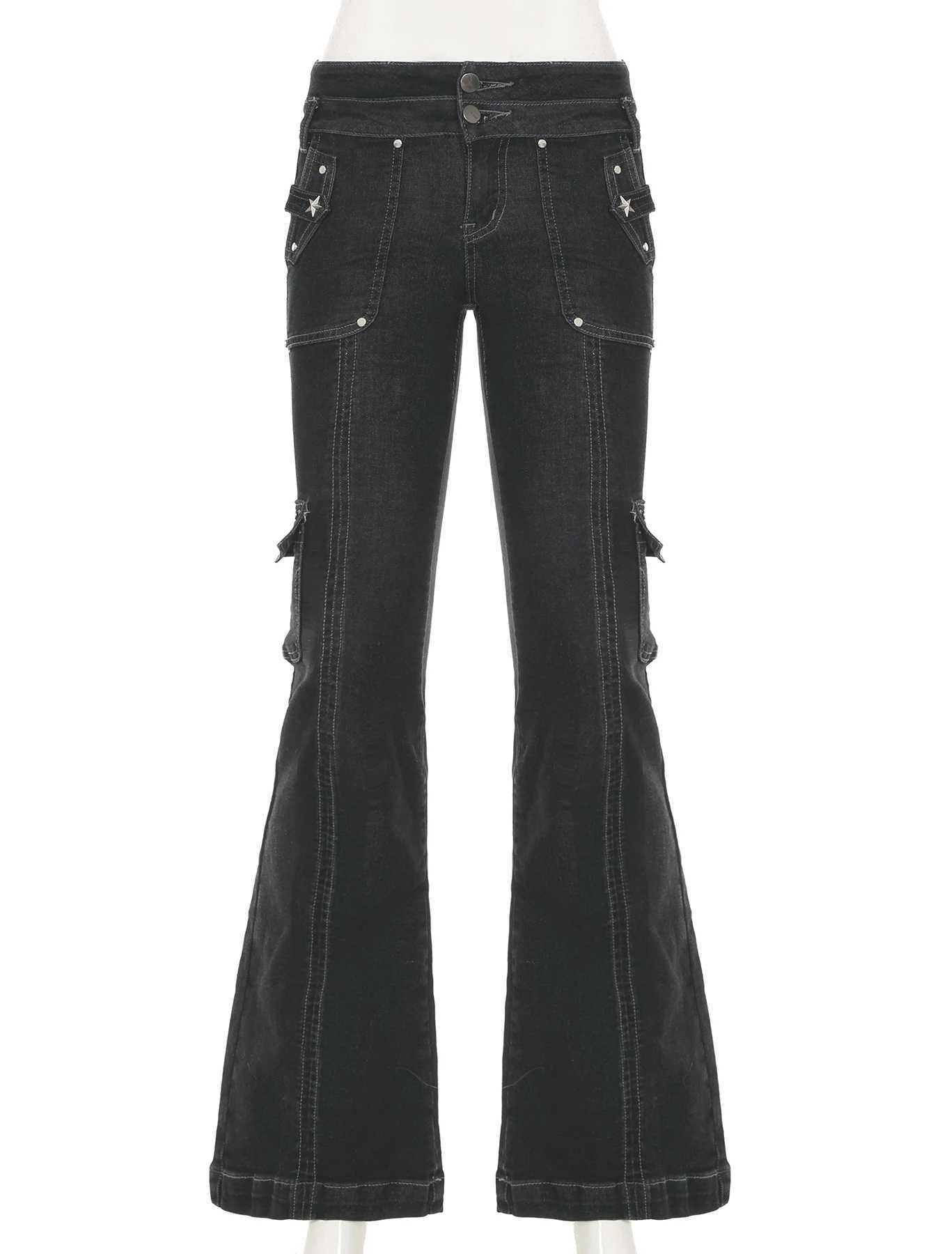 Weekeep Punk Style Star-shaped Rivet Jeans Low Rise Multi-pockets Patchwork Denim Cargo Pants Korean Fashion Hippie Flared Jeans R250716