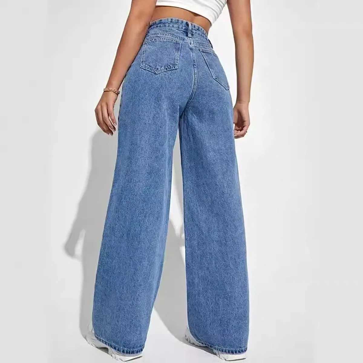 Fashion Retro Blue Jeans Women Y2K High Street Baggy Straight Pants High Waisted All-in-One Slim Pants R250716