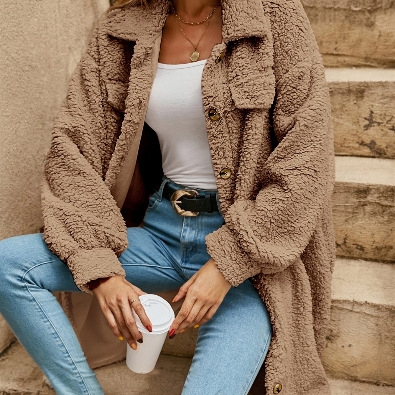 new Free shipping designer coat for women Open button lapel plush coat simple and loose temperament long coat