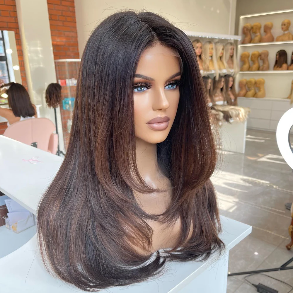 Layered Dark Brown Colored Wig Highlight 360 Full Lace Wigs Human Hair Lace Front Wigs Brazilian Hair For Women Natural Hairline