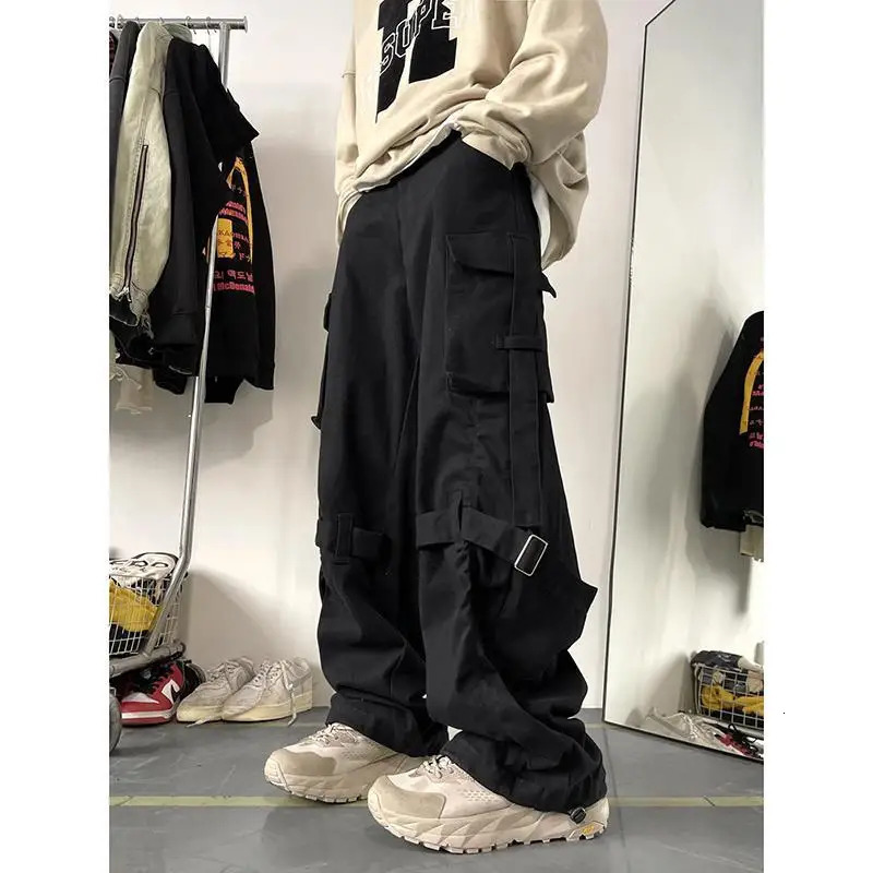 Spring Autumn Mens Clothing Solid Color Elastic High Waisted Pockets Casual Loose Fashion Trousers Cargo Preppy Style Pants 250715