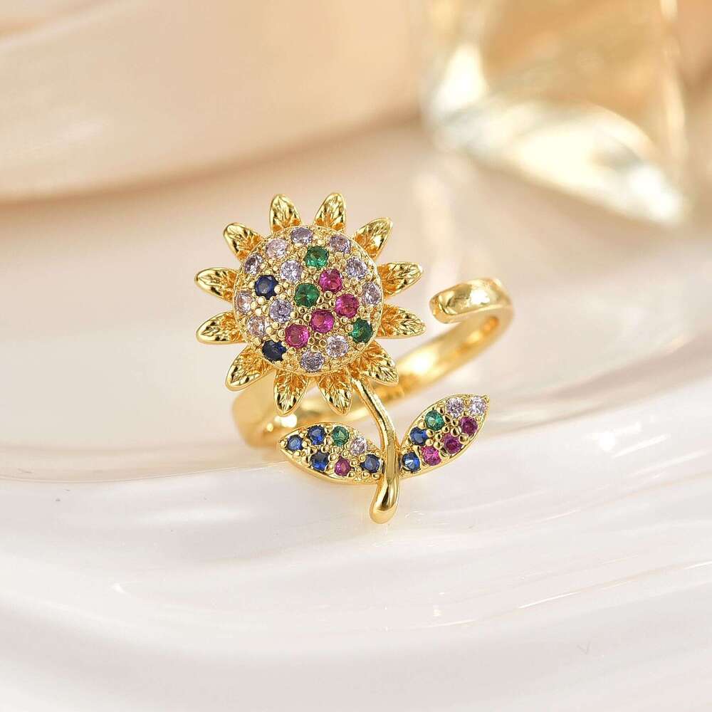 Real Gold Color Retention Lucky Clover Korean Style Inlaid Diamond Fortune Rotating Fashion Adjustable Open Ring D53