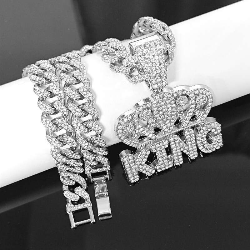 New Full Dia Crown King Letter Hip Hop Trendy Fashion Versatile Pendant Necklace
