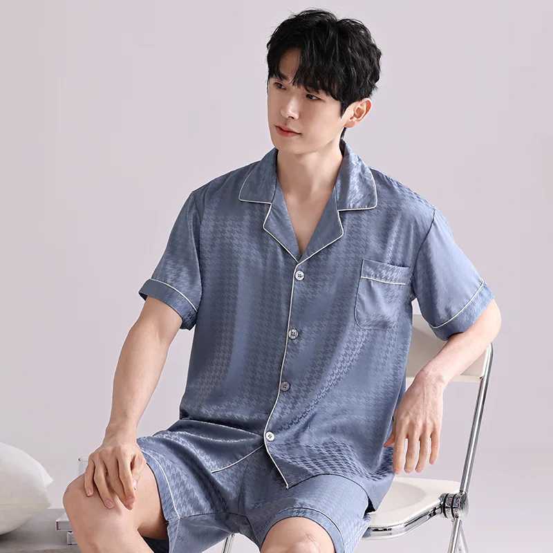 Ice Silk Pajamas Mens Spring and Summer Light and Breathable Simulation Silk Satin Short-sleeved Shorts Youth Simple Loungewear W250717