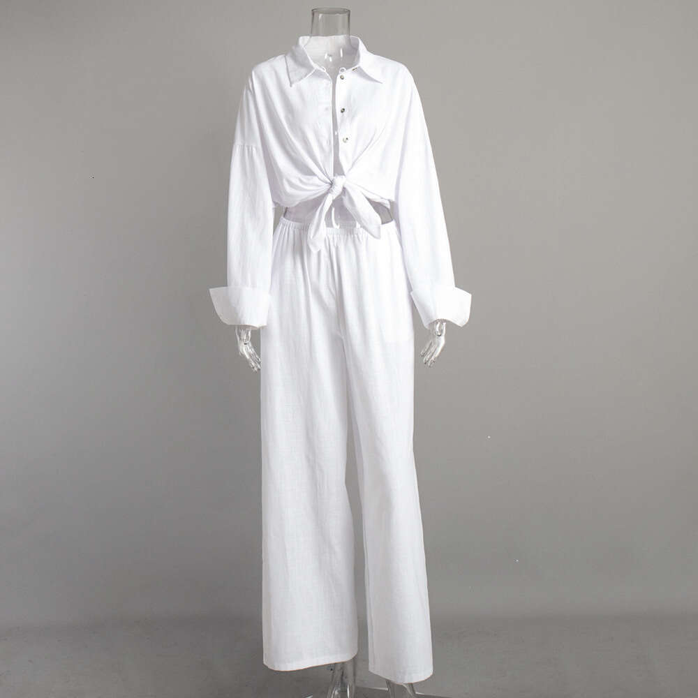 Long Sleeve Spring Summer New Women's Loose Casual Cotton Shirt + Pants Set B5