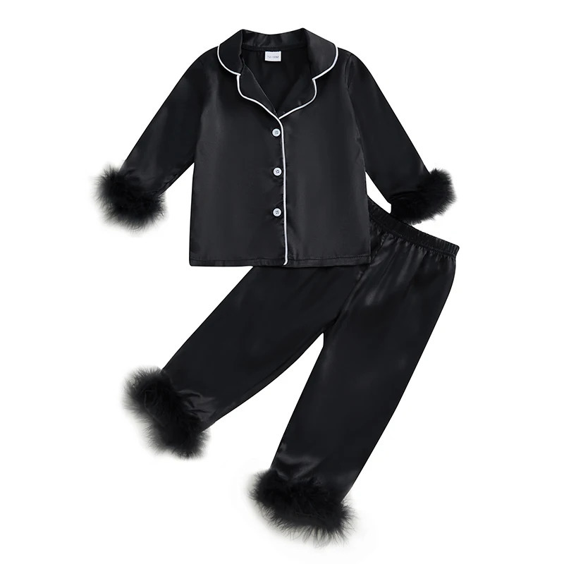 Kids Baby Girl Satin Pajamas Set Autumn Spring Fuzzy Trim Long Sleeve Button Down Tops Elastic Waist Pants 2Piece Loungewear Set 250716