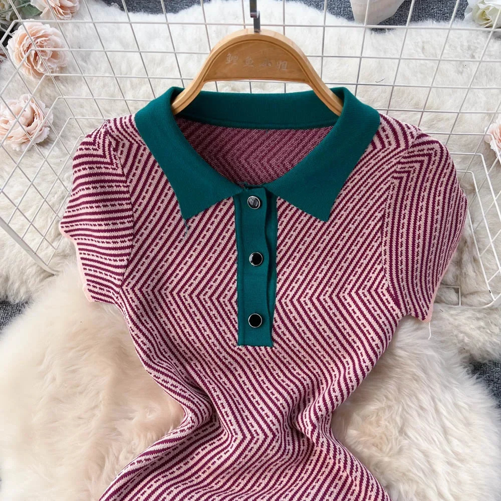 Striped Knitted Short Sundress Women Short Sleeves Elastic Sheath Sexy Dress Ladies Vacation sweet Beach Dress 250715
