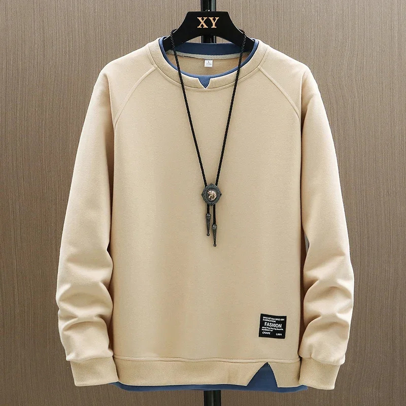 2025 Mens Casual Sweatshirts Harajuku Solid Color Fashion Fake Two Pieces O-Neck Sweatshirt Hoodies Hip Hop Male Streetwear 250707