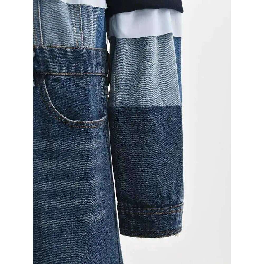 EAM Blue Denim Color-Block Big Size Trench Women New Lapel Long Sleeve Windbreaker Fashion Tide Spring Autumn 2025 1Dh2825