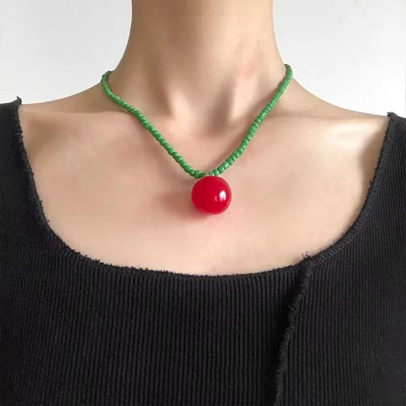 Kpop Fashion Heart Fruit Tomato Bowknot Pendant Colorful Beaded Necklace Woman Aesthetic Jewelry Cute Summer Y2K EMO Accessories 250715