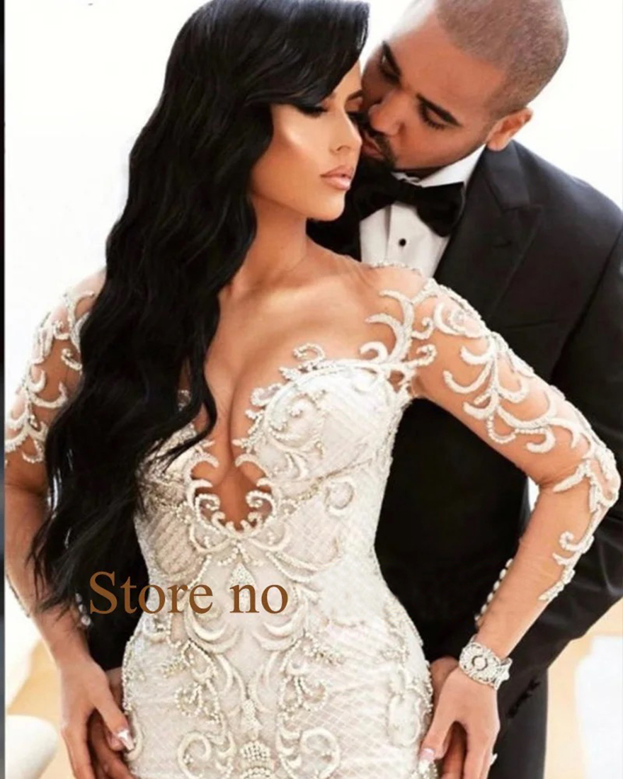 Sexy See Through O-Neck Mermaid Wedding Dresses Long Sleeve Buttons Up Back Beading Lace Applique Sweep Train Custom Made Vestido De Noiva Sereia