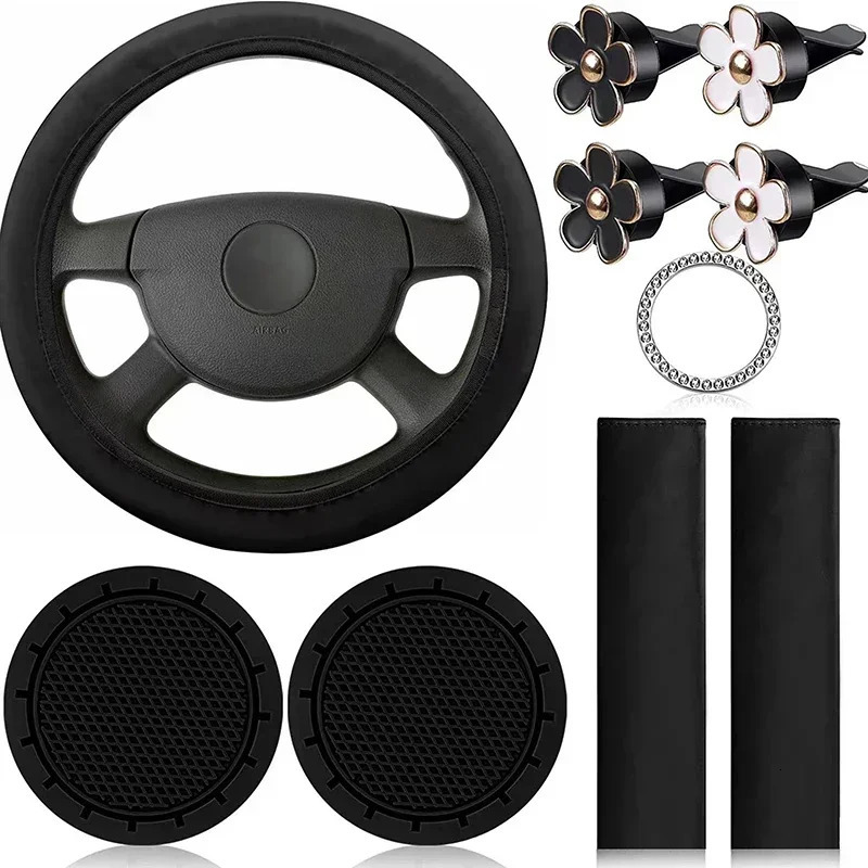 10 Pcs Leather Steering Wheel Cover For Women Cute Car Accessories Set With Seat Belt Shoulder Pads Cup Holders Car Decorations 250715