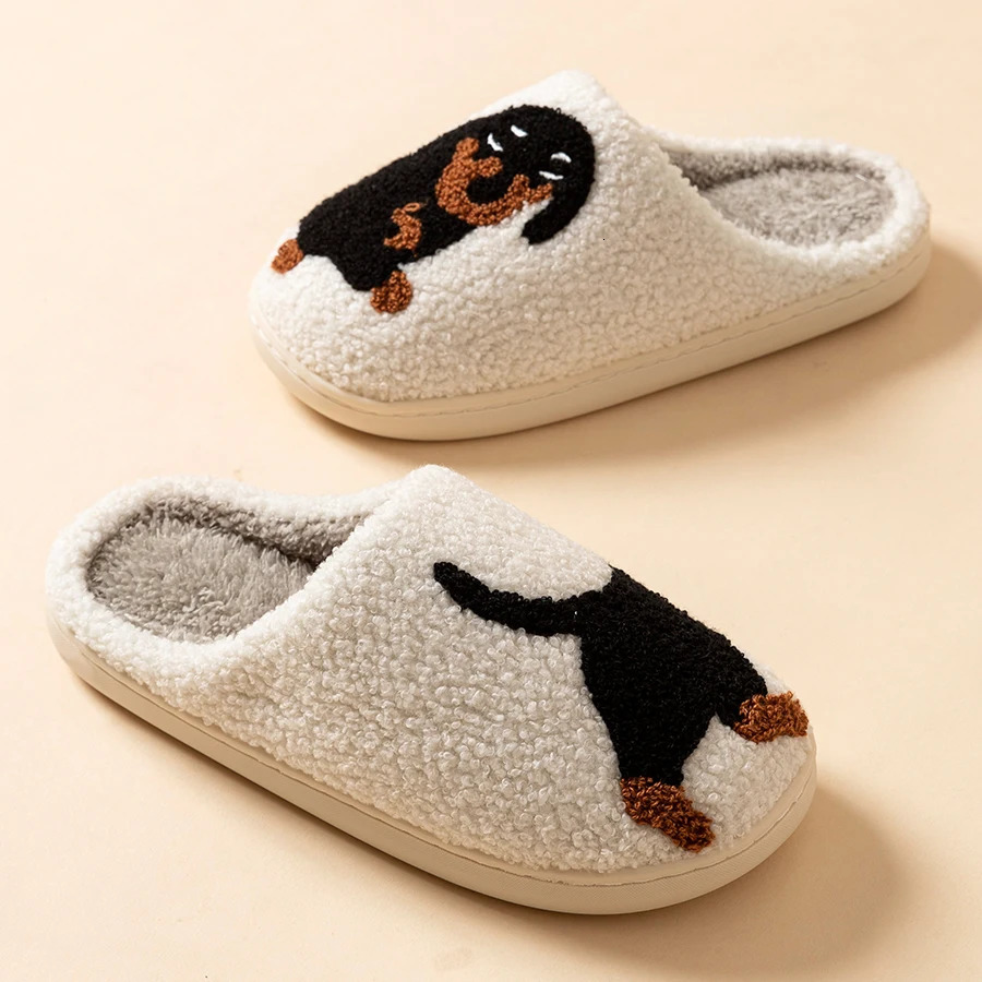 Winter Womens Slippers Cute and Interesting Cartoon Little Black Dog Indoor Warm Comfort Home Bedroom Soft Causal Plush Shoes 250716
