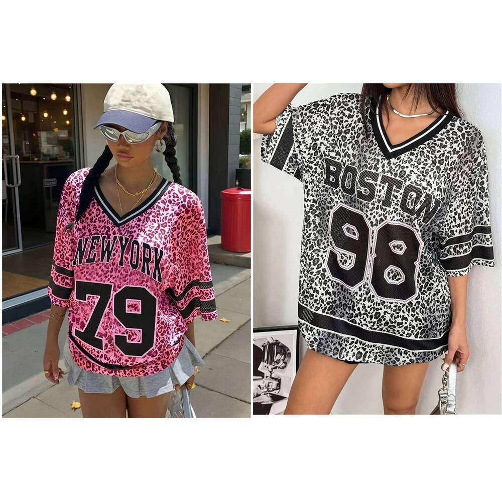 Summer Women'S New Leopard Print Digital Printed Mesh Jersey T-Shirt V Loose And Sexy Short Sleeved Street Wear Y2k Casual Top