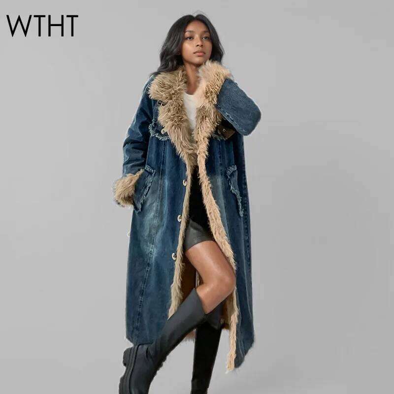 WTHT New Fashion Women's Plush Edge Belt Buckle Warm Denim Long Coat 2024 Winter Trendy Single Breasted Jacket Female 1Ls178