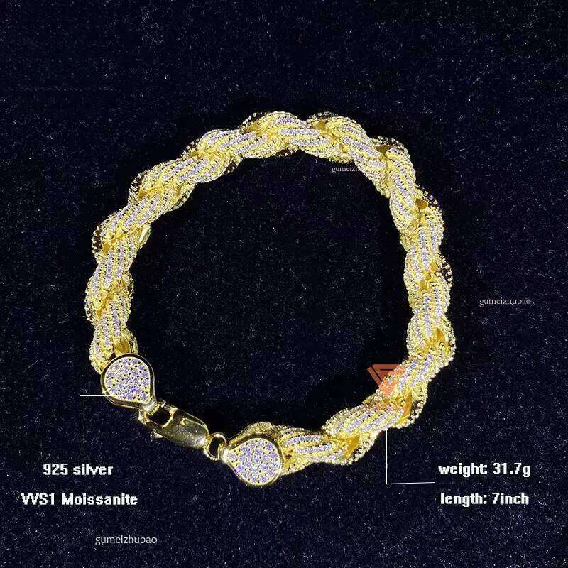 Custom Hand Make VVS Moissanite Dia 8mm Gold Plated Solid Sier Rope Bracelet for Cuban Link Chain