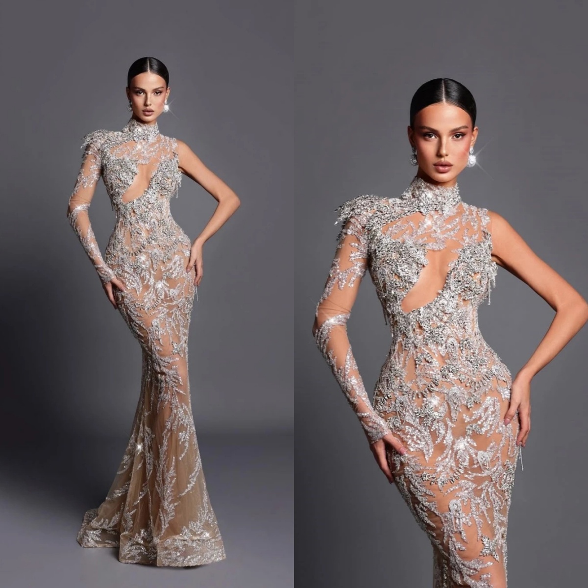 Royal High Neck Sequined Lace Mermaid Wedding Dress Elegant One Shoulder Bridal Gown Appliques Illusion Bride Dresses Customized