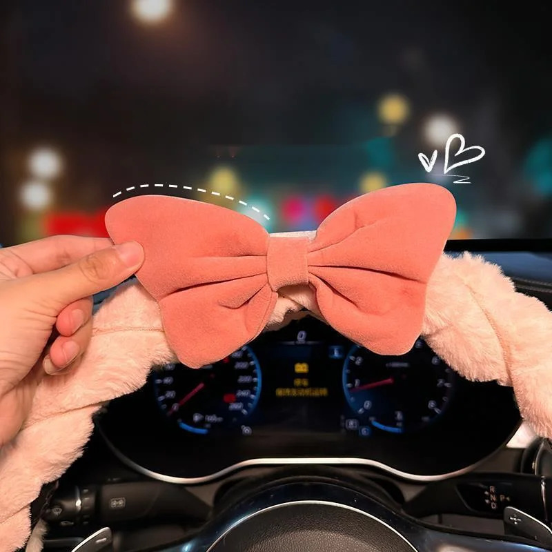 Steering Wheel Cover Plush For Winter Women Anti Slip Warm Handlebar Cover Cute Pink Bowknot Interior Accessories Auto Supplier 250715