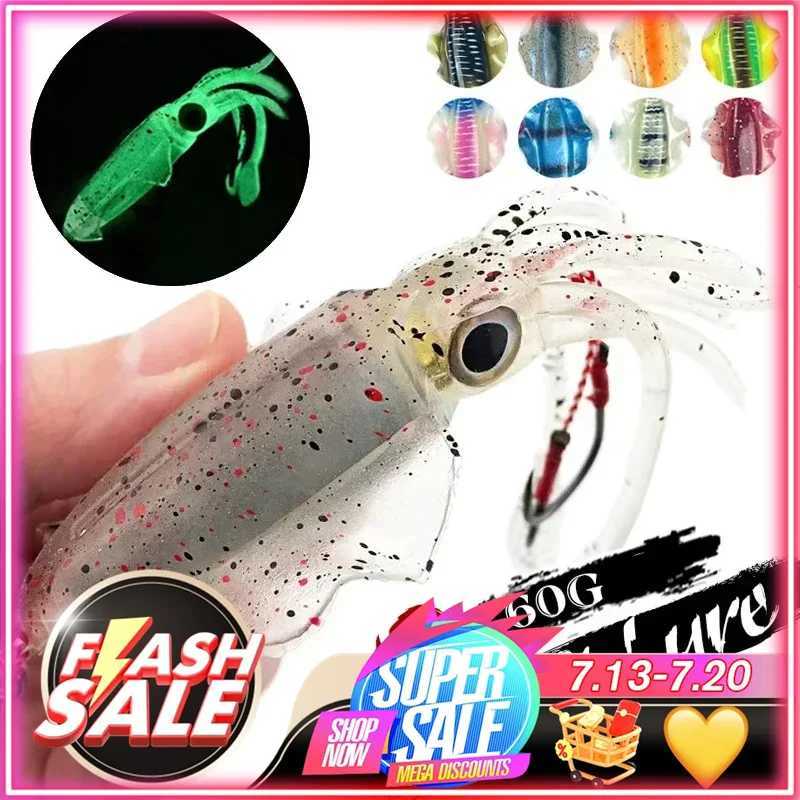 ZUKIBO Soft Squid Bait Fishing Trolling Lure Octopus Jigs 60g Luminous UV Squid Jig for Deep Sea Boat Fishing WobbLErs Bait Z250717