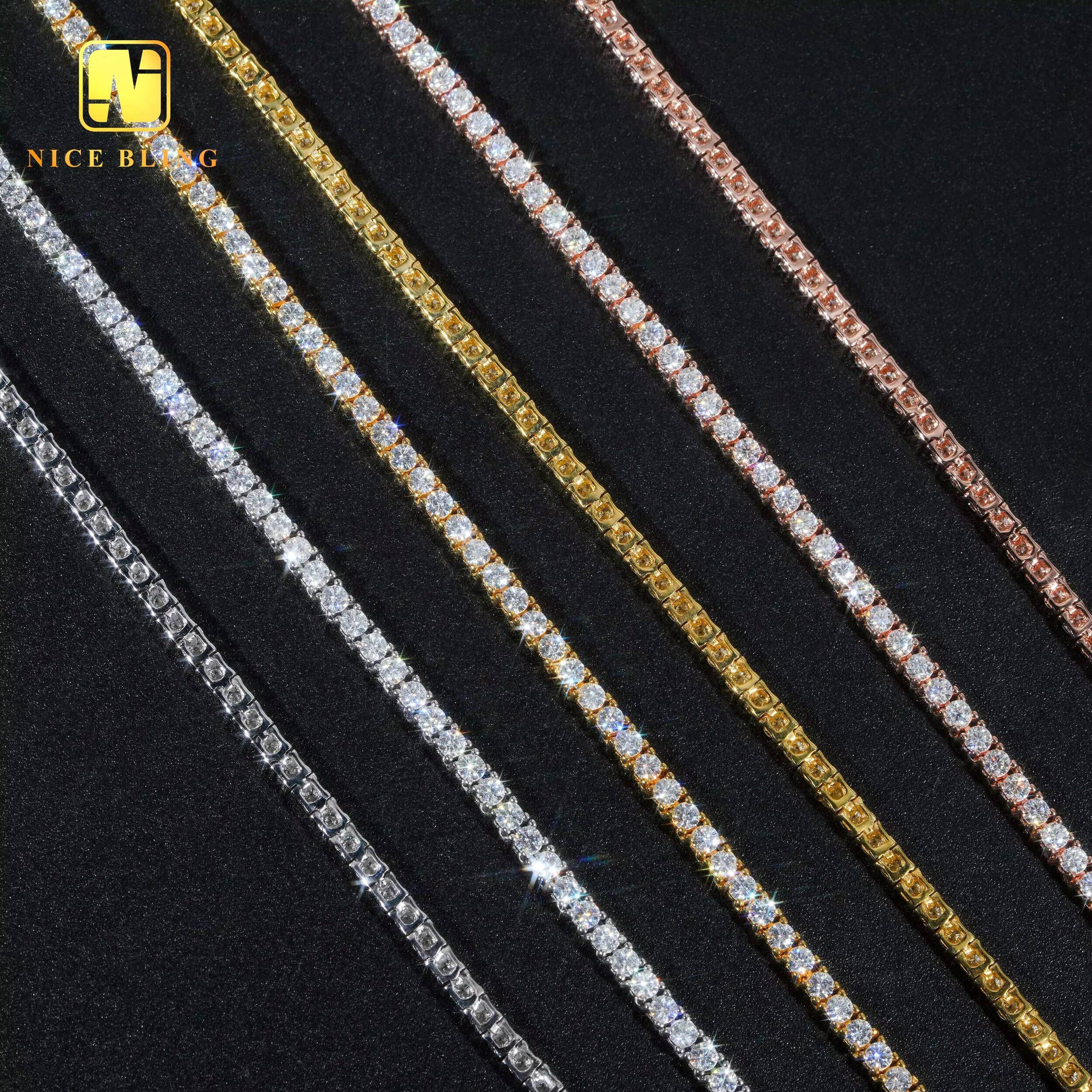 Hip Hop Fine Jewelry Tennis Necklace Vvs d Moissanite Tennis Chains Unisex 2mm Sterling Silver Gold Plated Tennis Chains