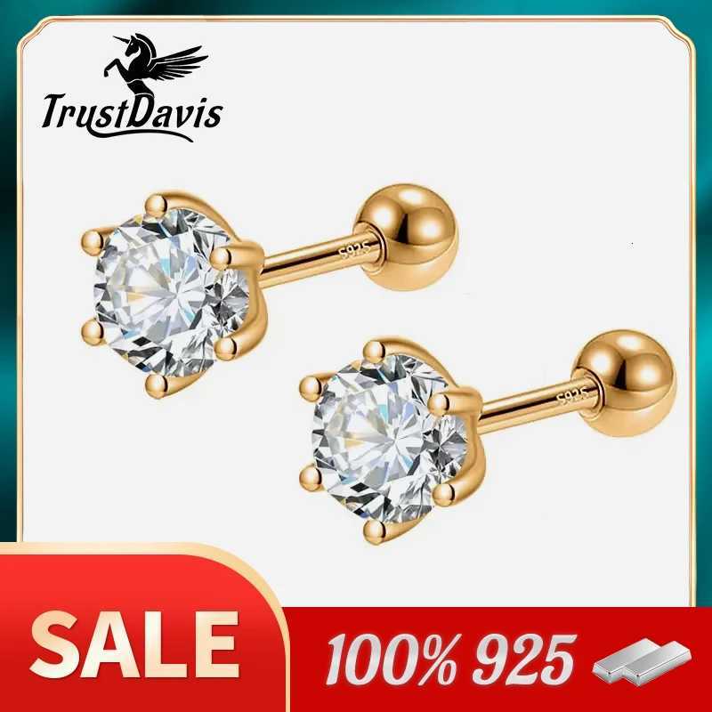 TrustDavis Real 925 Sterling Silver Fashion Gold Six Claw 3/4/5mm CZ Screw Stud Earrings For Women Wedding Fine Jewelry DA2712 y250715