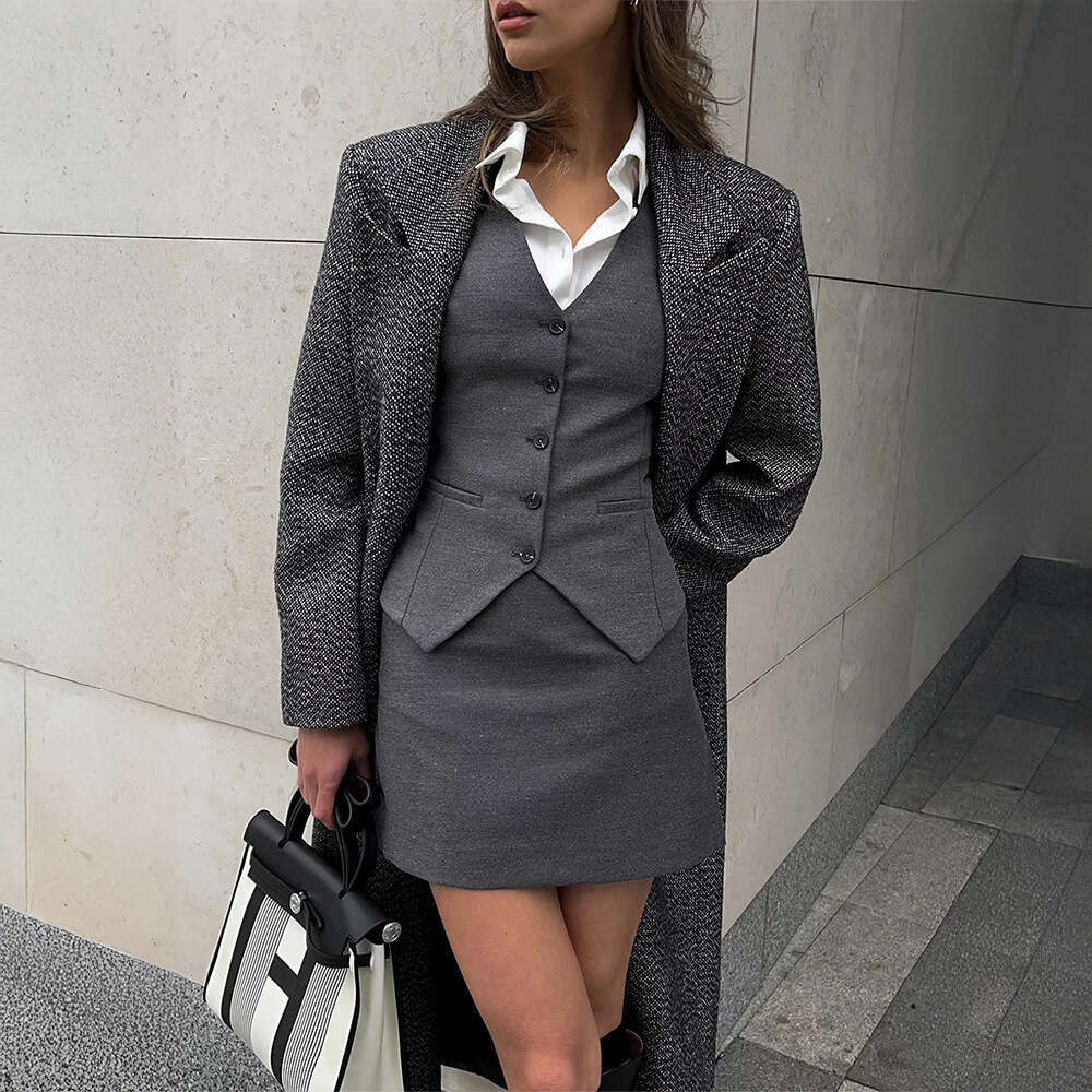 Gray And Set Summer New Button Cardigan Vest + Short Skirt B5