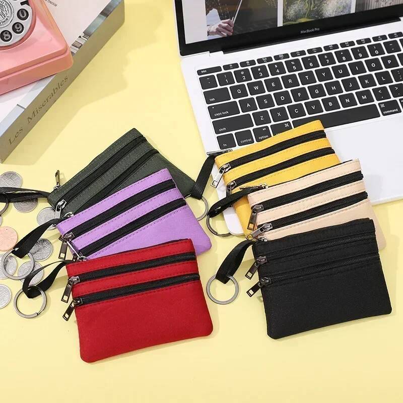 Women's 3 Zippers Canvas Purse Mini Wallet Solid Change Purses With Keychain Money Bags Coin Key Storage Bag