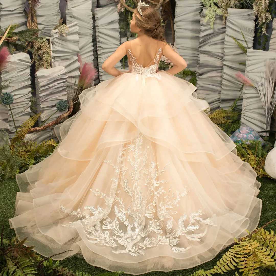 Customized Light Champagne Flower Girl Dress Tulle Tiered Floral Appliques Sleeveless For Wedding Birthday Party Banquet Gown Z250716