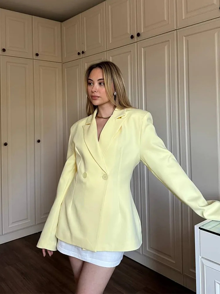 Fashion Womens Double-Breasted Blazer Turn-Down Collar Long Sleeve Solid Lady Coats 2025 Summer Casual Female Street Outwear 250715