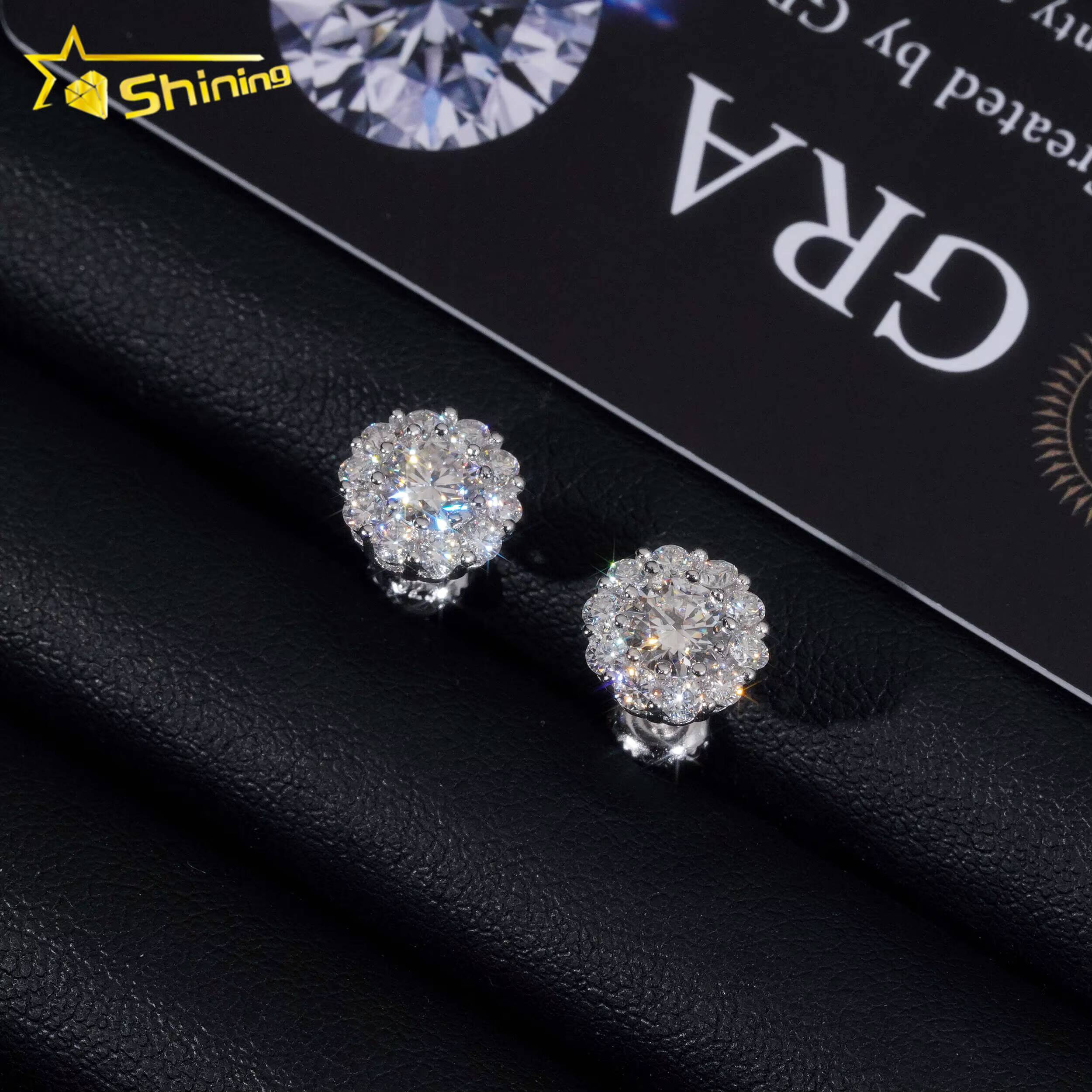 Hip Hop Jewelry Pass Diamond Tester GRA Certified Stocks VVS Diamond 925 Sterling Silver Cluster Moissanite Stud Earrings
