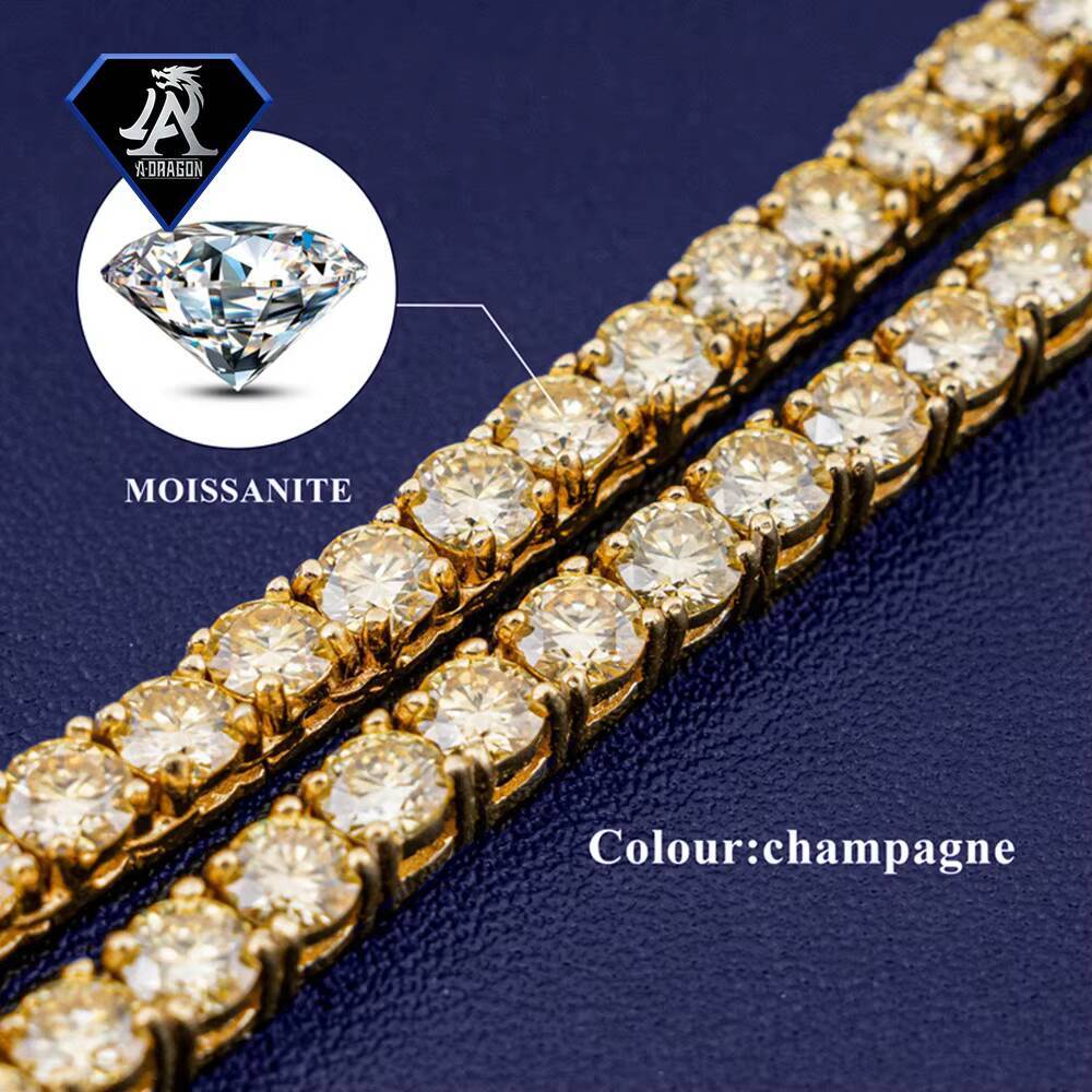 4mm Yellow Moissanite 925 Silver Hip Hop Tennis Chain for Men New Trendy Style on